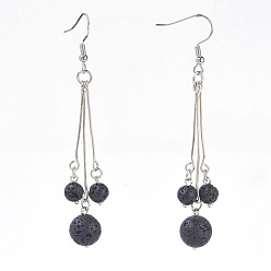 Lava Rock Natural Lava Rock Dangle Earrings, with 304 Stainless Steel Earring Hooks and Iron Eye Pins, Round, 77~78mm, Pendant: 57~58mm, Pin: 0.6mm