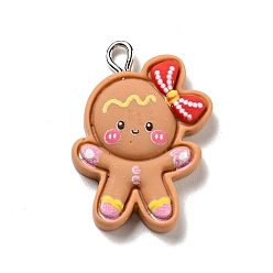 Sandy Brown Christmas Opaque Resin Pendants, with Platinum Tone Iron Loops, Gingerbread Man Charm, Sandy Brown, 27x18x5.5mm, Hole: 2x3mm