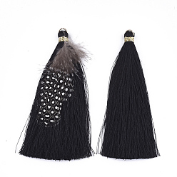 Black Polyester Tassel Big Pendant Decorations, with Feather and Iron Findings, Black, 96~100x7mm, Hole: 5mm