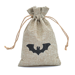 Tan Halloween Burlap Packing Pouches, Drawstring Bags, Rectangle with Bat Pattern, Tan, 15x10cm