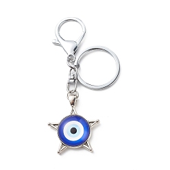 Star Evil Eye Glass Pendant Keychain, with Alloy Split Key Rings & Lobster Claw Clasps, Owl, Star Pattern, 9.7cm