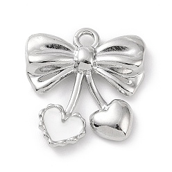 White Rack Plating Alloy Enamel Pendants, Bowknot with Heart Charms, White, 19.5x19x3.5mm, Hole: 2mm