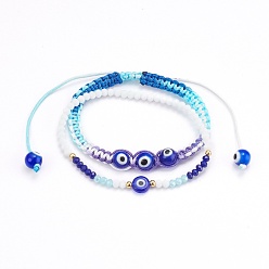 Couleur Mélangete Ensemble de bracelets de perles tressées en cordon de polyester réglable et de bracelets extensibles, avec des perles de verre et des perles au chalumeau mauvais œil, couleur mixte, diamètre intérieur : 2-1/8 pouce (5.5 cm) et 2~2-1/4 pouce (5.2~5.8 cm), 2 pièces / kit
