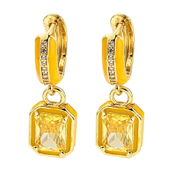 Yellow Rack Plating Real 18K Gold Plated Brass Enamel Rectangle Dangle Hoop Earrings, with Cubic Zirconia, Lead Free & Cadmium Free, Yellow, 28x9.5mm