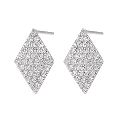 Platinum Rhodium Plated 925 Sterling Silver Stud Earring Findings, with Micro Pave Cubic Zirconia, Bar Links and Ice Pick Pinch Bail, Rhombus, Platinum, 13x8mm, Hole: 2x4mm, Pin: 0.8mm