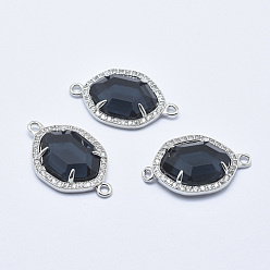Black Brass Micro Pave Cubic Zirconia Links, with Glass, Faceted, Oval, Platinum, Black, 26x16x5mm, Hole: 1.6mm