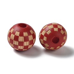 Rouge Foncé Perles tartan gravées au laser en bois, ronde, teint, pour bricolage, rouge foncé, 15.5~16x14.5mm, Trou: 4.5mm