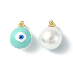 Turquoise Shell Enamel Pendants, with Real 18K Gold Plated Brass Findings, Long-Lasting Plated, Round with Evil Eye Charm, Turquoise, 20x16x17mm, Hole: 3.5x4.5mm