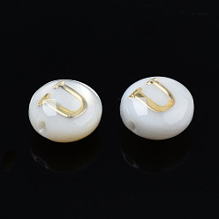 Letter U Natural Freshwater Shell Beads, with Golden Plated Brass Etched Metal Embellishments, Flat Round with Letter, Seashell Color, Letter.U, 6x4mm, Hole: 0.8mm