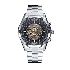 Stainless Steel Color Alloy Watch Head Mechanical Watches, with Stainless Steel Watch Band, Stainless Steel Color, 220x20mm, Watch Head: 54x51x15mm, Watch Face: 35mm