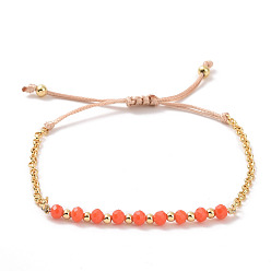Orange Adjustable Glass Beaded & Brass Chains Link Bracelet for Women, Orange, Inner Diameter: 1-3/4~3 inch(4.5~7.6cm)