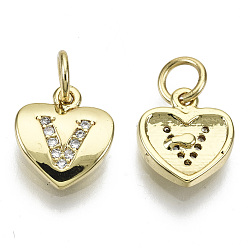 Letter V Brass Micro Pave Clear Cubic Zirconia Charms, with Jump Ring, Heart with Letter, Real 16K Gold Plated, Nickel Free, Letter.V, 10x9x2mm, Jump Ring: 5x1mm, 3mm inner diameter