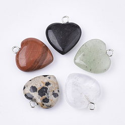 Mixed Stone Natural & Synthetic Mixed Gemstone Pendants, with Iron Eye Pins, Heart, Platinum, 17~18x15x5~6mm, Hole: 1.8mm