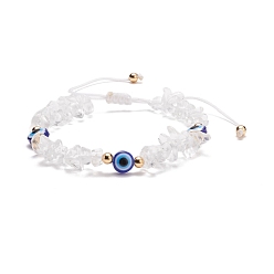 Quartz Crystal Natural Quartz Crystal Chips & Resin Evil Eye Braided Bead Bracelet, Gemstone Adjustable Bracelet for Women, Inner Diameter: 2~3-1/2 inch(5~9cm)