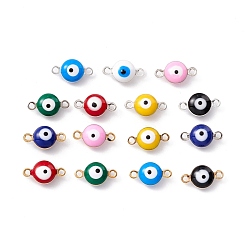 Mixed Color Brass Enamel Connector Charms, Flat Round with Evil Eye, Mixed Color, 12x6.5x4mm, Hole: 1mm