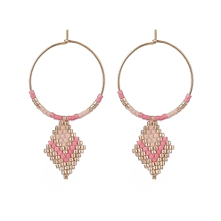 Pink Glass Seed Braided Rhombus Dangle Hoop Earrings, Golden 316 Surgical Stainless Steel Jewelry for Women, Pink, 49mm, Pin: 0.7mm