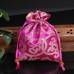 Fuchsia Chinese Style Flower Pattern Satin Jewelry Packing Pouches, Drawstring Gift Bags, Rectangle, Fuchsia, 14x11cm