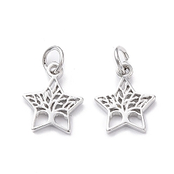 Platinum Rack Plating Brass Charms, with Jump Ring, Lead Free & Cadmium Free, Hollow, Star with Tree of Life Charm, Platinum, 12.5x10.5x1.5mm, Hole: 3mm