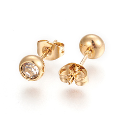 Golden 304 Stainless Steel Ear Studs, with Rhinestone, Flat Round, Crystal, Golden, 15mm, Pin: 0.6mm