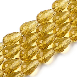 Verge D'or Chapelets de perles en verre, facette, goutte , verge d'or, 15x10mm, Trou: 2mm, Environ 48 pcs/chapelet, 27.56 pouce (70 cm)