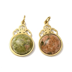 Unakite Flower Natural Unakite Pendants, with Ion Plating(IP) Golden Tone 304 Stainless Steel Findings, Half Round Charm, 18x11x6mm, Hole: 2.7mm