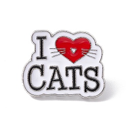 Cat Shape Pin de esmalte con tema del día de san valentín, Broche de aleación con la palabra i love cats para ropa de mochila, Platino, Patrón de gato, 21x26x2 mm