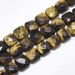 Tiger Eye Natural Tiger Eye Beads Strands, Faceted, Square, 8~8.5x8~8.5x5mm, Hole: 1mm, about 25pcs/strand, 8.0''