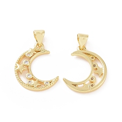 Golden Brass Micro Pave Cubic Zirconia Pendants, Crescent Moon with Star Charm, Golden, 23x16x2mm, Hole: 5x3mm
