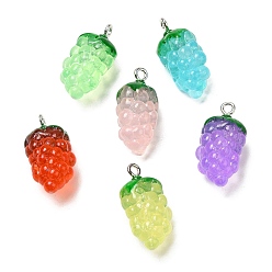 Mixed Color Transparent Resin Fruit Pendants, Grape Charms with Platinum Tone Iron Loops, Mixed Color, 24x12x11mm, Hole: 2mm