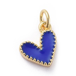 Bleu Foncé Charmes d'émail, avec les accessoires en laiton, cœur, réel 18 k plaqué or, bleu foncé, 9x7x2.5mm, Trou: 2.5mm