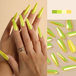 Green Yellow Plastic Laser Out Full Cover False Nail Tips, Press on long Coffin Nails, Nail Art Detachable Manicure, Teardrop, Green Yellow, 26.5~32.5x6.5~13.5mm, 24pcs/box