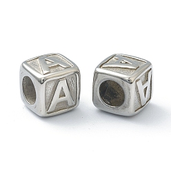 Letter A 304 acier inoxydable perles européennes, Perles avec un grand trou   , trou horizontal, cube avec la lettre, couleur inox, letter.a, 8x8x8mm, Trou: 4mm