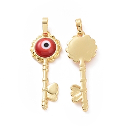 Red Handmade Evil Eye Lampwork Pendants, with Real 18K Gold Plated Tone Brass Findings, Key Charm, Red, 33x12x4mm, Hole: 4x6mm