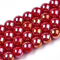 Rouge Plaquer des brins de perles de verre opaques, de couleur plaquée ab , ronde, rouge, 8~8.5mm, Trou: 1.5mm, Environ 51~53 pcs/chapelet, 14.96 pouces ~ 15.55 pouces (38~39.7 cm)