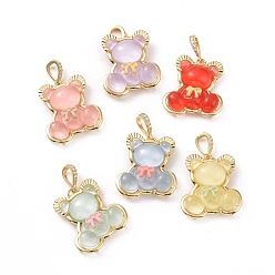 Mixed Color Translucent Resin Pendants, Bear with Bowknot Charm, with Brass Micro Pave Clear Cubic Zirconia, Cadmium Free & Lead Free, Real 18K Gold Plated, Mixed Color, 28x25x8mm, Hole: 4.5x7mm