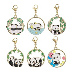 Mixed Color Round Ring with Panda Alloy Enamel Pendant Decorations, with 304 Stainless Steel Lobster Claw Clasps, Mixed Color, 40.5~41.5mm, 6pcs/set