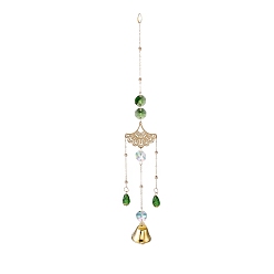Fan Faceted Glass Teardrop & Octagon Hanging Suncatcher, Iron Bell Wind Chime, with Jump Ring, Fan Pattern, 300x2mm, Hole: 10mm, Pendant: 205x40.5x24.5mm