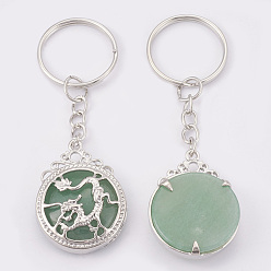 Aventurine Verte Porte-clés aventurine vert naturel, avec les principaux anneaux de fer, plat rond avec le dragon, platine, 80mm, pendentif: 34.5x26x8.5 mm
