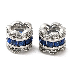 Bleu Royal Crémaillère en laiton placage zircone cubique perles européennes, Perles avec un grand trou   , plaqué longue durée, sans plomb et sans cadmium, colonne de fleurs, platine, bleu royal, 8x7mm, Trou: 4.6mm