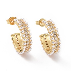 Chapado en Oro Real 18K Aretes de anillo de circonita cúbica transparente con cuentas de perlas de plástico, joyas de latón para mujer, real 18 k chapado en oro, 19x17x5 mm, pin: 0.7 mm