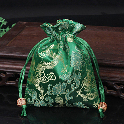 Sea Green Chinese Style Flower Pattern Satin Jewelry Packing Pouches, Drawstring Gift Bags, Rectangle, Sea Green, 14x11cm