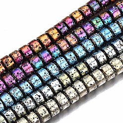 Mixed Color Electroplated Natural Lava Rock Beads Strands, Flat Round, Bumpy, Mixed Color, 8.5x6mm, Hole: 1mm, about 67pcs/strand, 15.63 inch(39.7cm)