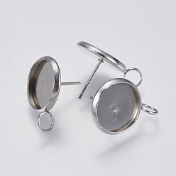 Stainless Steel Color 304 Stainless Steel Stud Earring Settings, with Loop, Flat Round, Stainless Steel Color, 19x14mm, Hole: 3.5mm, Pin: 0.7mm, Tray: 12mm