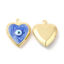 Blue Brass Enamel Locket Pendants, Real 18K Gold Plated, Long-Lasting Plated, Heart with Evil Eye, Blue, 21x17x5mm, Hole: 1.4mm, Inner Diameter: 9.5x10mm