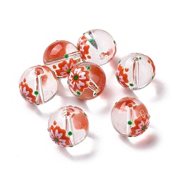 Flower Transparent Glass Beads, with Enamel, Round, Red, Flower Pattern, 14~15x13~13.5mm, Hole: 1.5~1.6mm