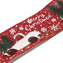 FireBrick Christmas Theme Polyester Imitation Linen Ribbon, for Christmas Crafts Decoration, Car Pattern, FireBrick, 2 inch(50mm), about 5m/1pc