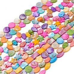 Mixed Shapes 10 brins de perles colorées en coquillage naturel d'eau douce, hamsa main & fleur & plat rond, formes mixtes, 10~18x9~15.5x3mm, Trou: 0.8mm, Environ 21~40 pcs/chapelet, 13.39~15.94'' (34~40.5 cm)
