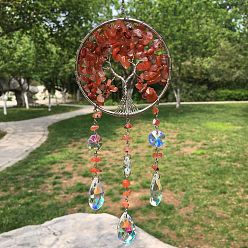 Red Agate Metal Wire Wrapped Natural Red Agate Chips Flat Round with Tree of Life Pendant Decorations. Hanging Suncatchers, with Glass Teardrop Charm, 300x80mm