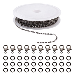 Gunmetal DIY 3m Brass Cable Chain Jewelry Making Kit, with 30Pcs Iron Open Jump Rings with 10Pcs Zinc Alloy Lobster Claw Clasps, Gunmetal, Chain Link: 2x1.8x0.2mm