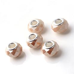 Blanched Almond Electroplated Glass European Beads, Large Hole Beads, with Brass Cores, Silver Color Plated, Imitation Jade, Faceted Rondelle, Blanched Almond, 14x9.5mm, Hole: 5mm